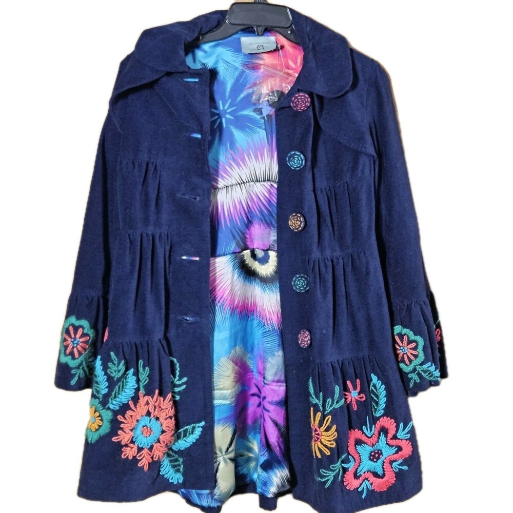 Judith March Womens Coat Embroidered Floral Boho Blend Colorful Medium Floral